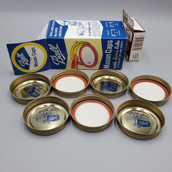 Vintage Ball Mason Caps with Dome Lids Partial Box of 7 plus Extra Kerr Lids - Picture 2 of 8